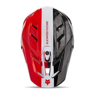 Capacete desportivo vermelho, branco e preto com texto ELEVATED FUTURE