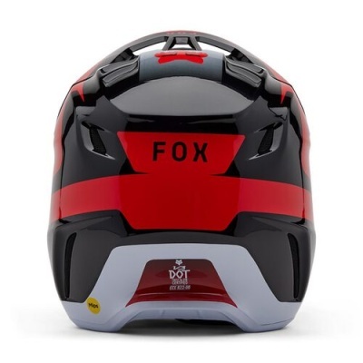 Capacete integral preto, vermelho e cinza com texto FOX