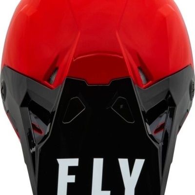 Capacete de moto vermelho e preto com texto FLY branco na frente