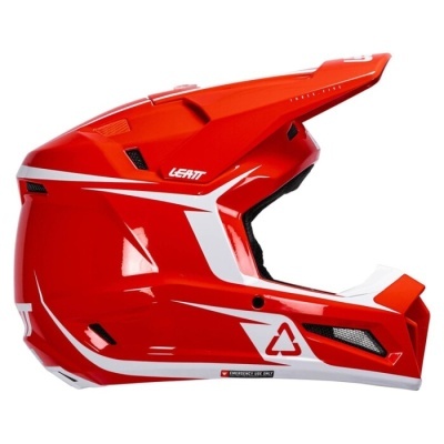 Capacete integral de motocross vermelho e branco com logótipos