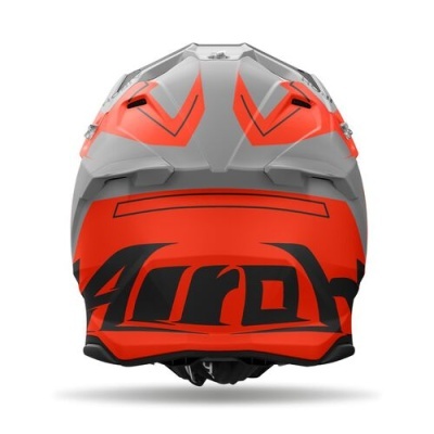 Capacete motociclismo laranja e cinza com logo Airoh preto