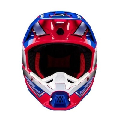 Capacete motocross azul, vermelho e branco com viseira ajustável e almofadas interiores