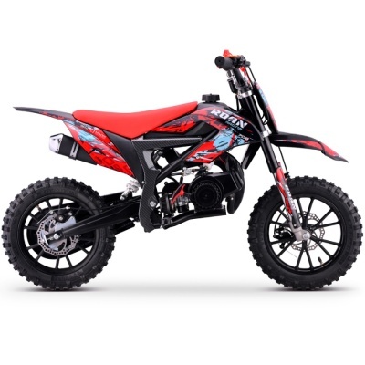 Moto dirt bike para crianças preta com detalhes vermelhos e azuis.