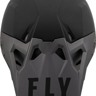 Capacete preto e cinza escuro com texto FLY e logótipo amarelo