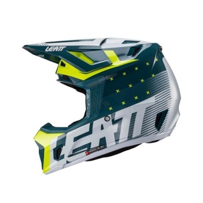 Capacete integral branco, verde-ácido e azul escuro com texto LEATT e padrão de X verdes
