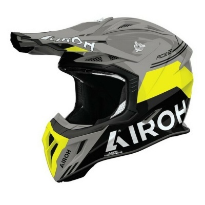 Capacete motocross cinzento, amarelo e preto da marca AIROH modelo ACE 2