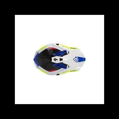 Capacete de bicicleta branco com detalhes azuis e amarelo fluorescente visto de cima