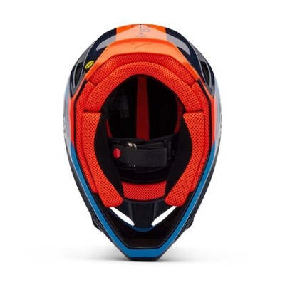 Capacete de motocicleta azul, preto e laranja com interior vermelho acolchoado