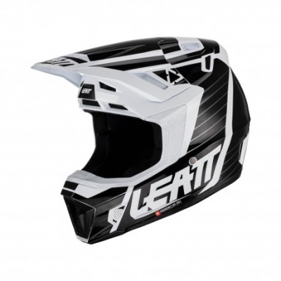 Capacete integral preto e branco com palavra LEATT