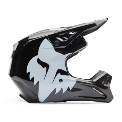Capacete integral preto e cinza com padrão gráfico de lobo