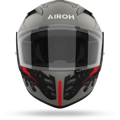 Capacete integral cinza com visor transparente e detalhes vermelhos e pretos