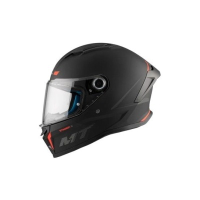 Capacete de motocicleta integral preto com detalhes vermelhos e viseira transparente
