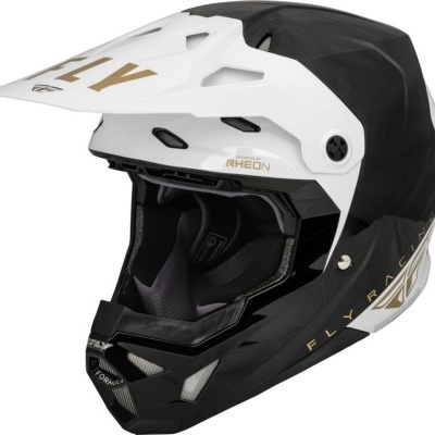 Capacete integral motocross FLY RHEON preto, branco e dourado com viseira e ventilação