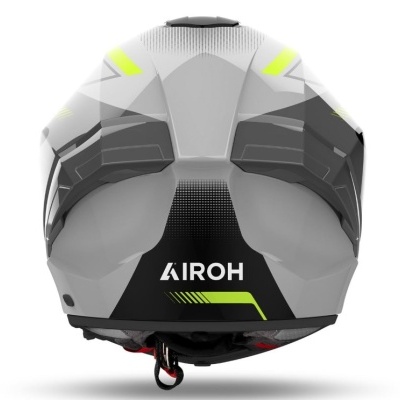 Capacete de motocicleta AIROH cinza com detalhes em amarelo fluorescente visto de trás