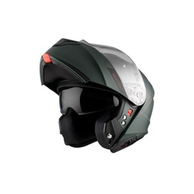 Capacete de motociclista cinza com visor escuro e detalhes vermelhos