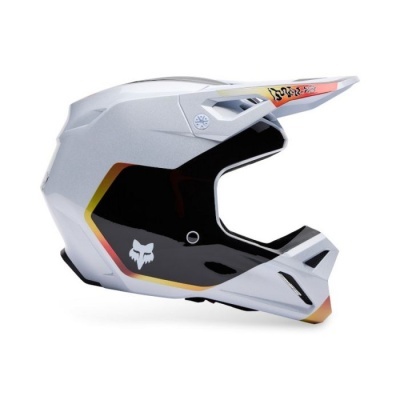 Capacete de motocross branco com detalhes a preto e logótipo de raposa branca na lateral