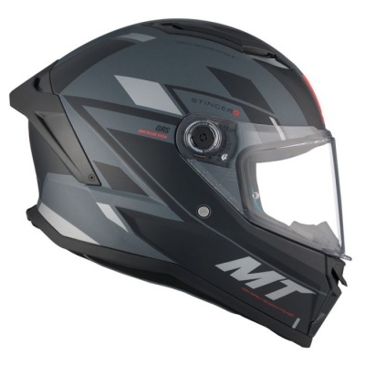 Capacete integral cinza com viseira transparente e padrões geométricos.