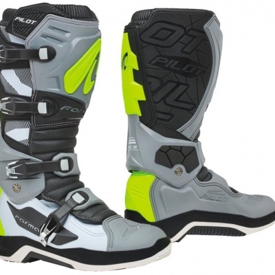 Botas de motocross Pilot cinza, preto, branco e amarelo fluorescente