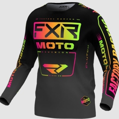 Camisola preta de manga comprida com estampados coloridos e textos FXR MOTO DIVISION