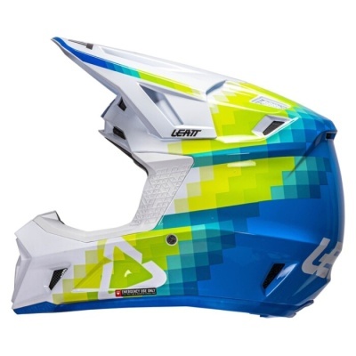 Capacete integral motocross branco, amarelo e azul Leatt com padrão pixelado