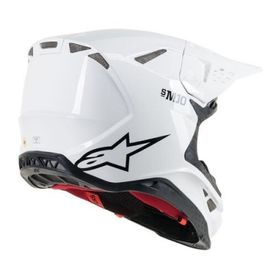 capacete motocross branco com logotipo preto e detalhes vermelhos