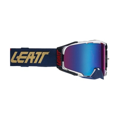 Máscara de desporto com lentes coloridas e tira azul com texto LEATT
