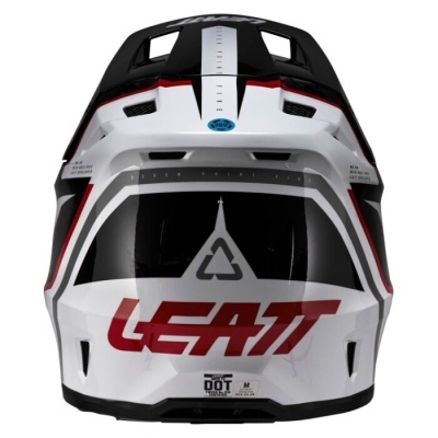 Capacete de motocross branco, preto e vermelho LEATT visto de trás