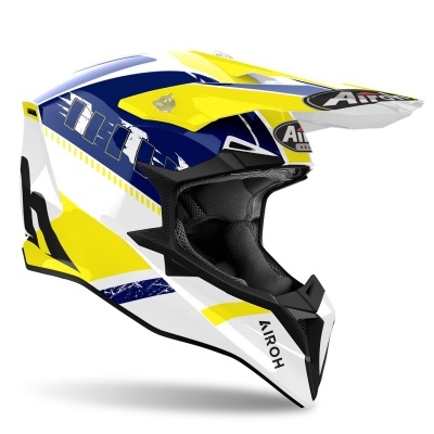 Capacete de motocross branco, amarelo e azul com interior preto acolchoado