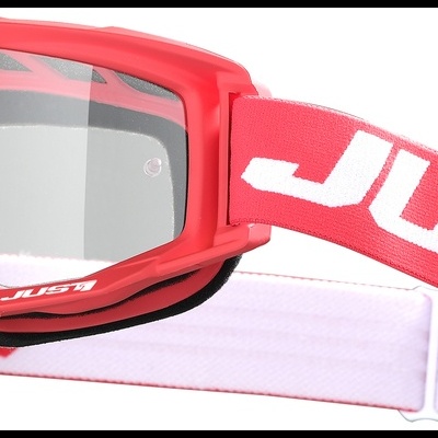 Óculos de proteção desportivos vermelhos com cinta elástica branca e vermelha e lentes transparentes