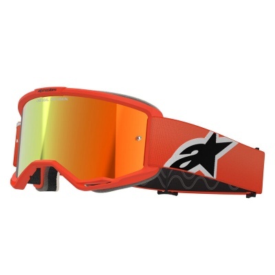 Óculos de proteção vermelhos com lente espelhada e correia vermelha com logótipo preto e branco