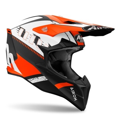 Capacete motocross preto branco laranja com logo AIROH