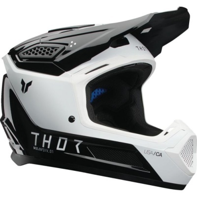 Capacete de motocross preto e branco com texto THOR e USA/CA