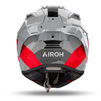 Capacete de motociclismo AIROH cinza e vermelho visto de trás