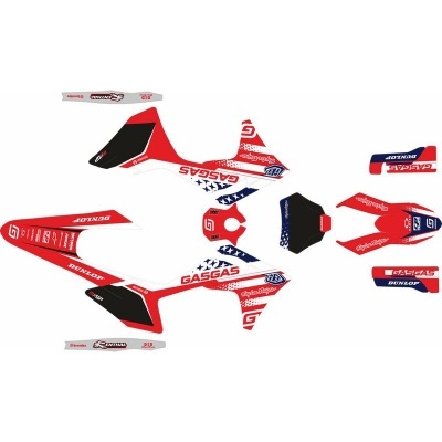 Autocolantes para motocicleta vermelho, branco e azul com texto GASGAS e DUNLOP