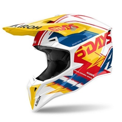 Capacete motocross colorido com texto AIROH e 6 DAYS