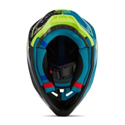 Capacete de ciclismo azul, verde e preto visto de cima