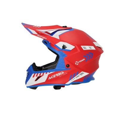 Capacete de motocross vermelho, azul e branco com viseira e inscrições