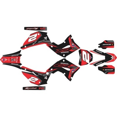 Autocolantes para mota Honda com cores vermelha, preta e branca e textos HONDA, DUNLOP, SCOTT e número 2