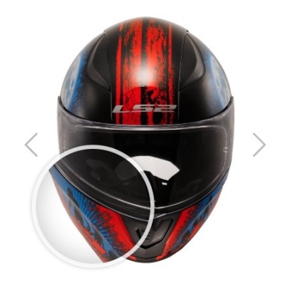 Capacete integral preto com riscas vermelhas e detalhes azuis