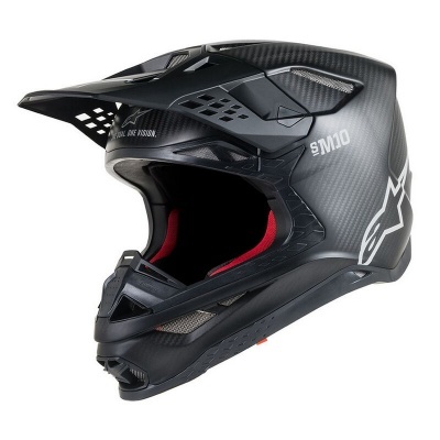 Capacete de motocross preto com detalhes vermelhos e texto branco
