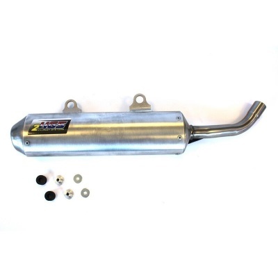 Escapamento metálico prateado para motocicleta com acessórios numa superfície branca