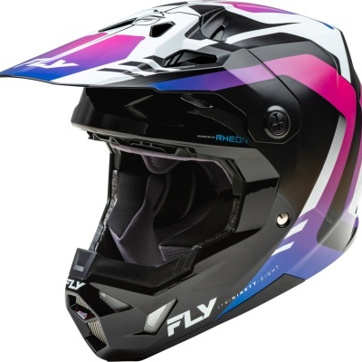 Capacete motocross preto, branco, rosa e azul com texto FLY e DESIGNED BY RHEON.