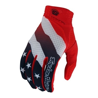 Luva de ciclismo vermelha, branca e azul com estrelas e texto Troy Lee Designs