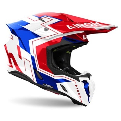 capacete motocross AIROH vermelho azul branco com textos AIROH e AJ22