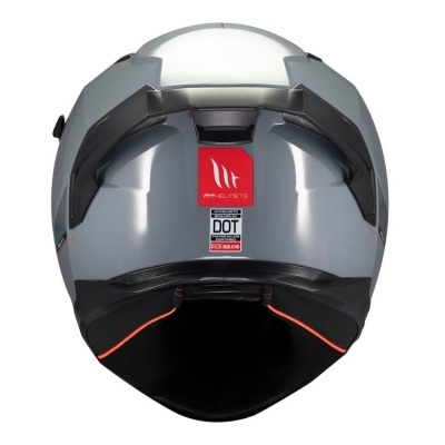 Capacete de motocicleta cinza prateado com etiquetas e detalhes em vermelho e preto