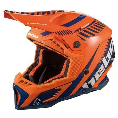 Capacete integral para motocross laranja com detalhes azuis e brancos e texto visible