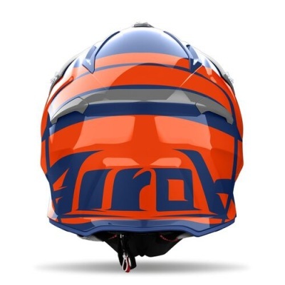 Capacete de motociclista laranja, azul e cinza com a palavra Troy