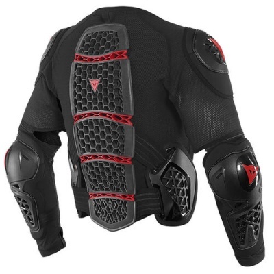 Casaco de proteção motociclismo preto com proteções rígidas e detalhes vermelhos