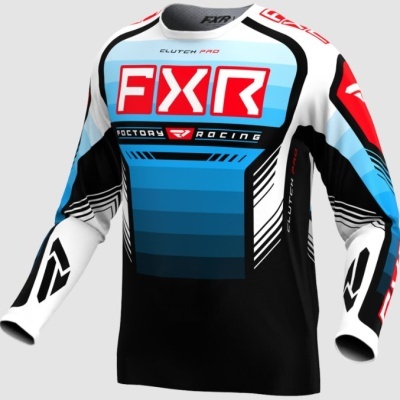 Camisola de motocross FXR com cores azul, preto, branco e vermelho.