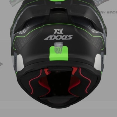 Capacete AXXIS preto com detalhes verdes e interior vermelho